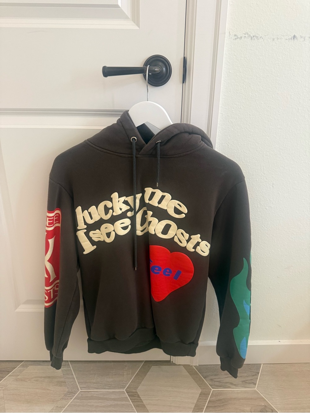 Amazon Black Graphic Crewneck Hoodie with Red Heart and Cream Text